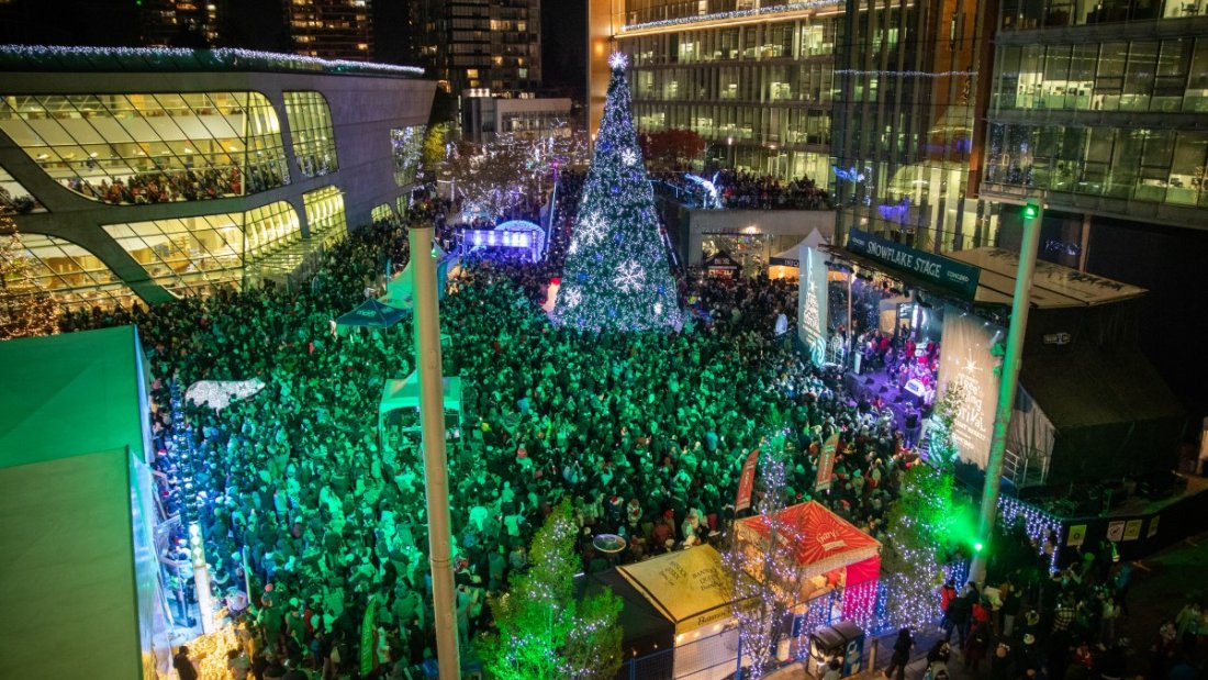 aerial of tree lighting festival