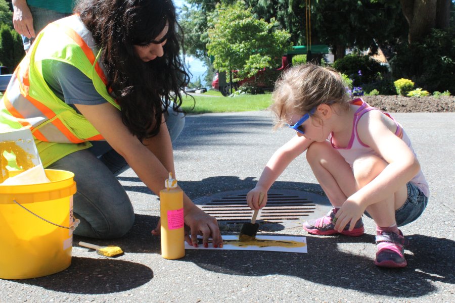 Volunteers doing the storm drain marking challenge