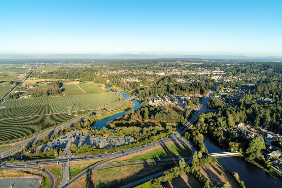 Aerial of farm, highways and rivers