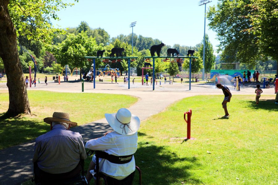 An elderly couple sitting in a park with a playground in the background