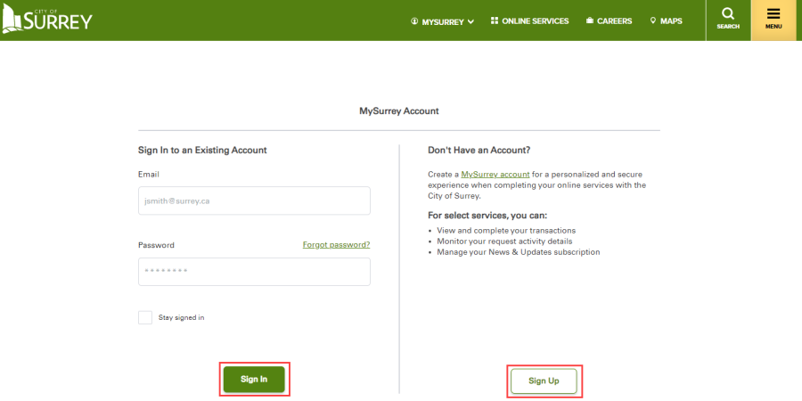 An example of the MySurrey Account sign in or sign up page with red boxes around sign in and sign up showing where to click