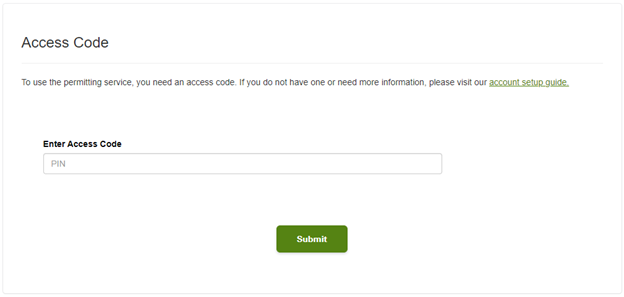 An example of the access code page for the online permitting portal
