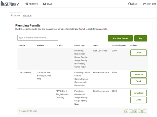 Example of the view your permits page for plumbing permits