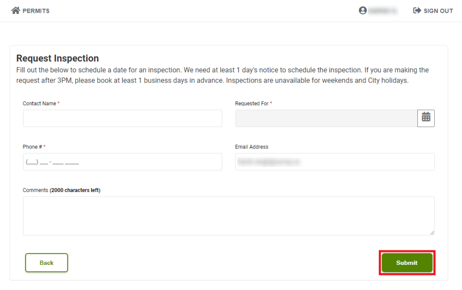 Rex box showing the submit button for inspection form