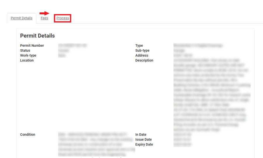 An arrow showing where to click for the permit process tab